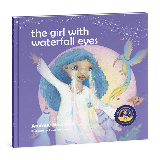 Children's book cover showing a blue-haired girl with waterfall eyes, bird, and stars, sensory-friendly
