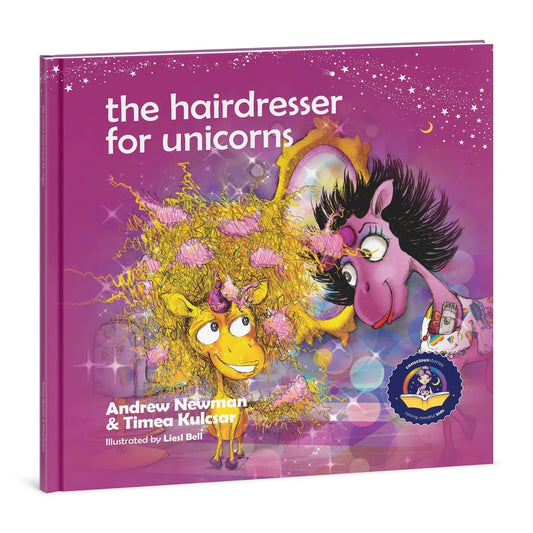 Children’s book cover with colorful unicorns at a magical hairdresser, purple background, playful art