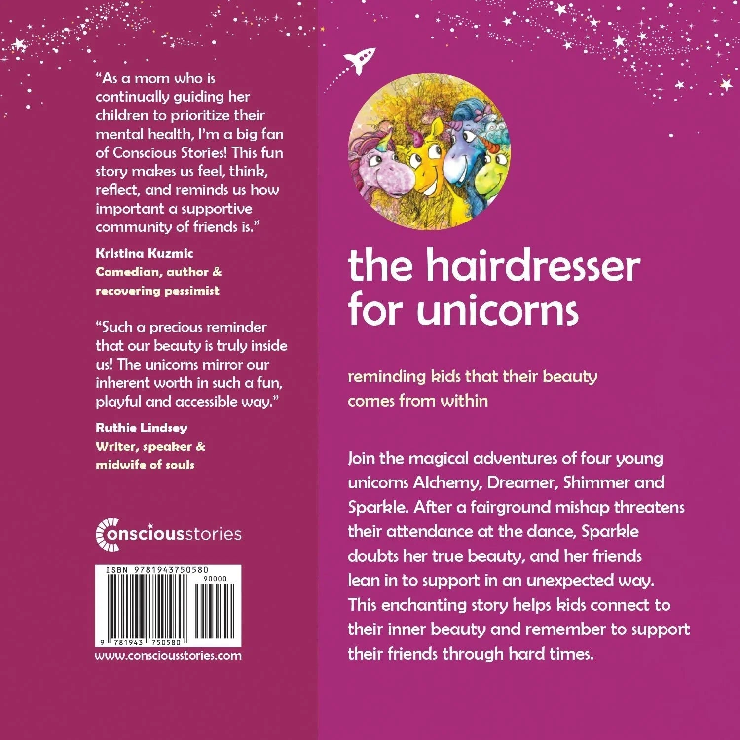 The back cover of the children's book 'The Hairdresser for Unicorns' with unicorn illustrations and book summary on a purple background.