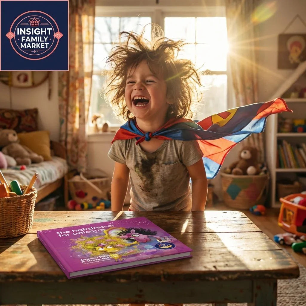 Smiling child in superhero cape with messy hair stands by a sensory-friendly kids book in a sunlit playroom.