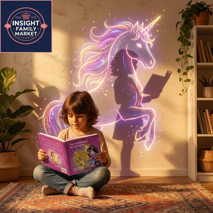 Child reading a unicorn book with a magical unicorn shadow on the wall, cozy sensory-friendly room.