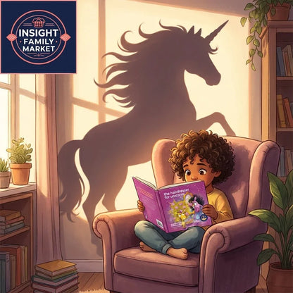Child reading sensory-friendly book with unicorn shadow on wall in cozy ADHD autism family room