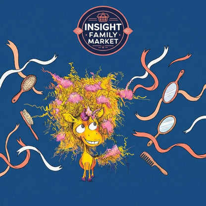 Colorful cartoon unicorn with wild hair, surrounded by brushes, combs, and mirrors on blue background