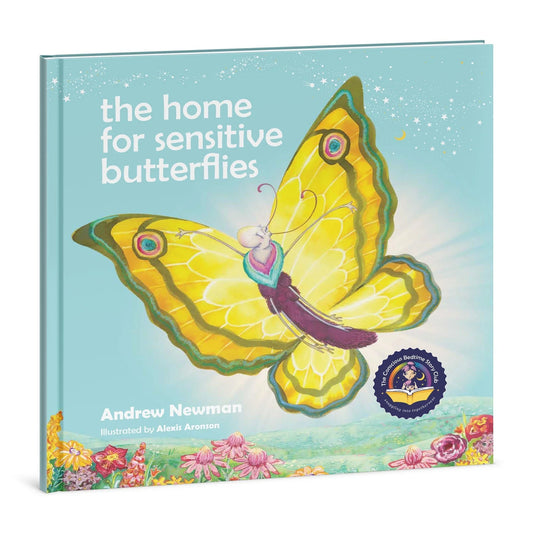 Children’s book cover with a yellow butterfly, pastel flowers, and text 'the home for sensitive butterflies'.