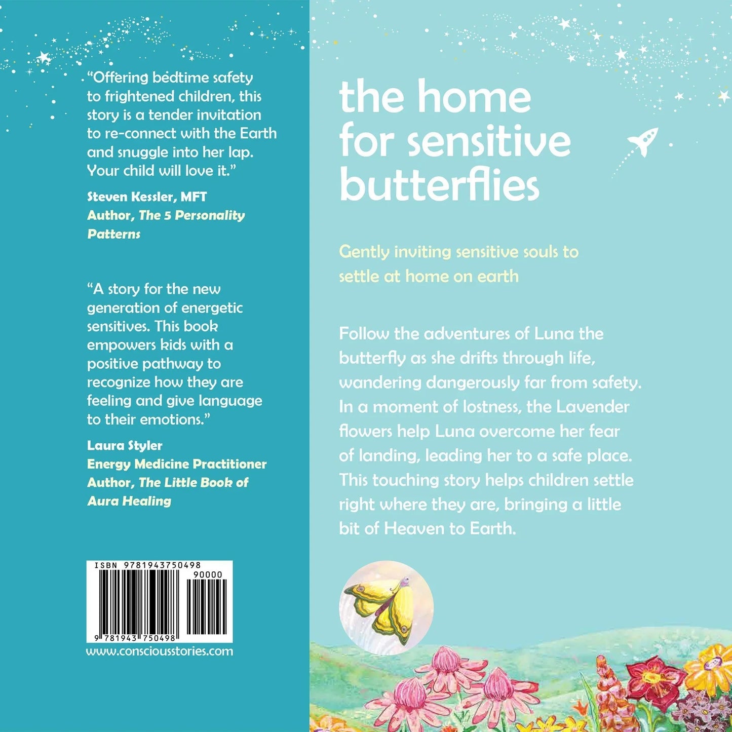 Back cover of a children's book with butterfly illustrations, testimonial reviews, and story description for sensitive kids.