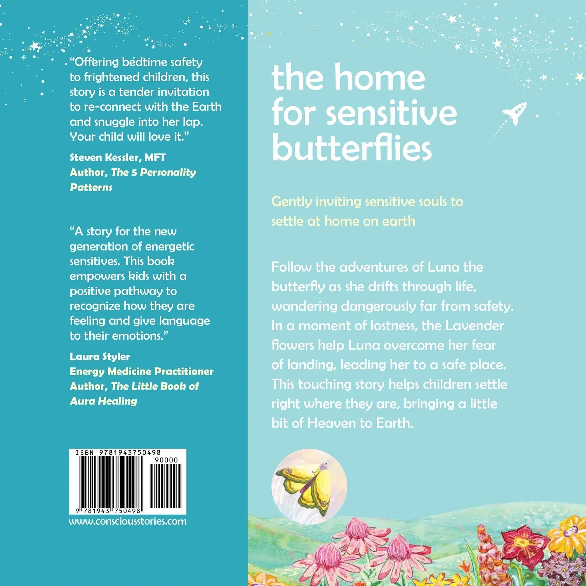 Back cover of a children's book with butterfly illustrations, testimonial reviews, and story description for sensitive kids.