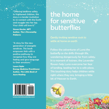 Back cover of a children's book with butterfly illustrations, testimonial reviews, and story description for sensitive kids.