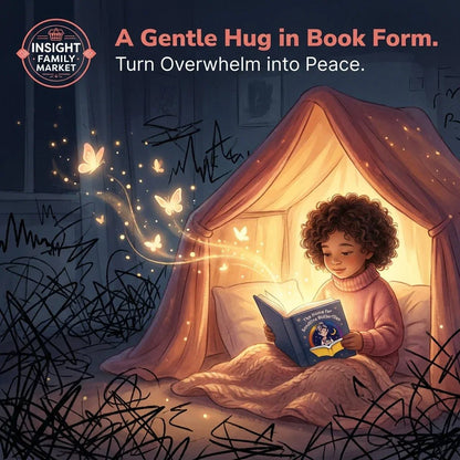 Child reading calming book under cozy tent, glowing butterflies create peaceful sensory space