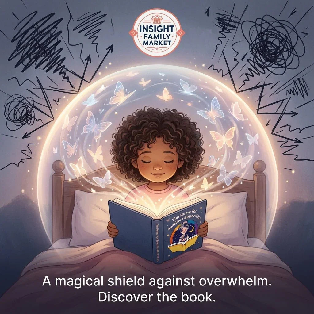 Child reading sensory-friendly book in bed, magical butterflies and calming shield illustration.