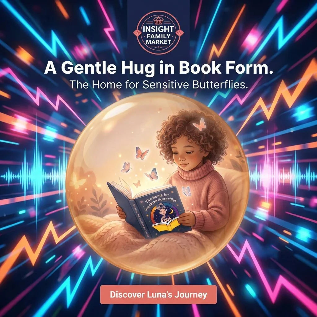 Child reading sensory-friendly book surrounded by butterflies in a glowing bubble, calming colors