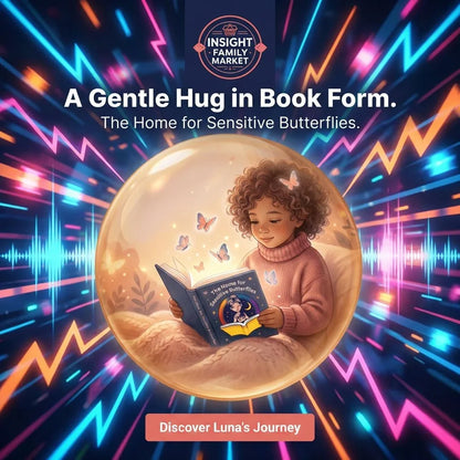 Child reading sensory-friendly book surrounded by butterflies in a glowing bubble, calming colors