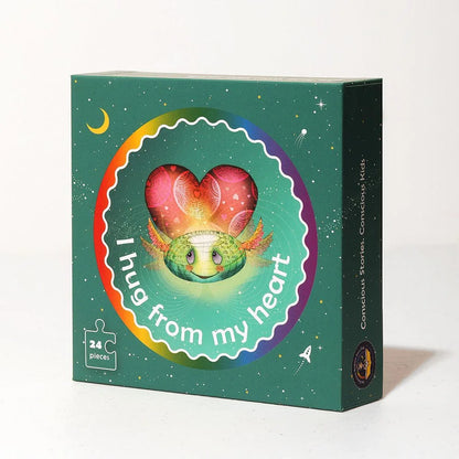 Green puzzle box with a turtle and heart, labeled 'I hug from my heart,' 24 pieces.