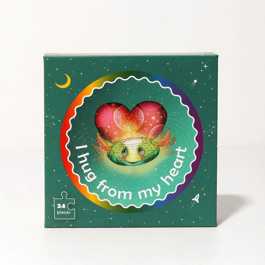24-piece sensory-friendly puzzle box with heart, turtle artwork, and rainbow design
