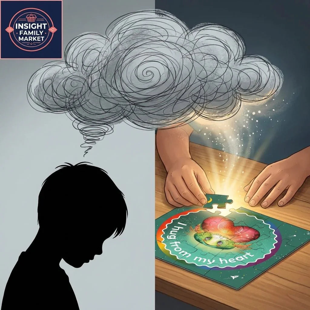 Illustration of a child with a cloud of thoughts, transitioning to hands assembling a heart puzzle labeled 'hug from my heart'.