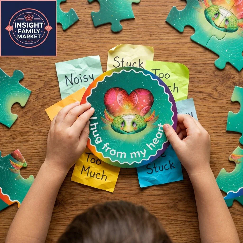 Child holding colorful emotion card with heart and creature, surrounded by puzzle pieces and feeling words, for sensory and emotional learning.