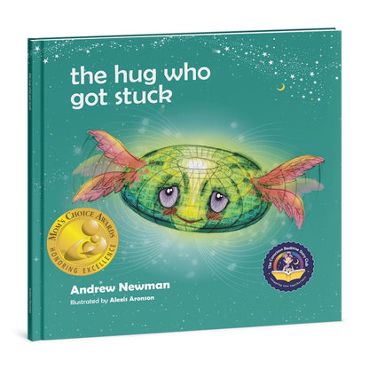 Children’s book titled 'The Hug Who Got Stuck' with whimsical illustrated hug character and award seals on the cover.