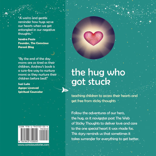 Book cover for 'The Hug Who Got Stuck' featuring glowing pink heart illustration and starry background