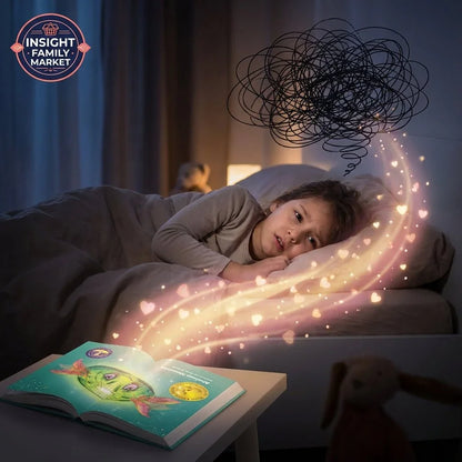 Worried child in bed, swirl thought bubble, glowing storybook with hearts for neurodiverse kids