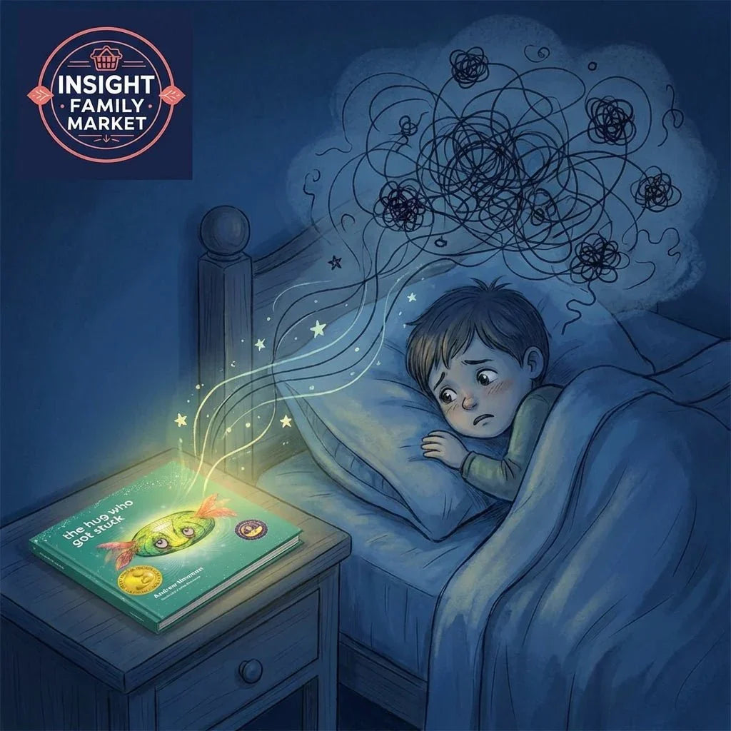 Worried child in bed with tangled thoughts above head, book on nightstand glowing, bedtime anxiety illustration