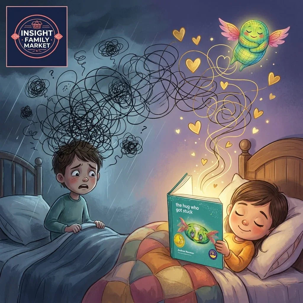 Illustration of anxious boy in bed with swirling thoughts, while girl reads calming bedtime story for sleep support.