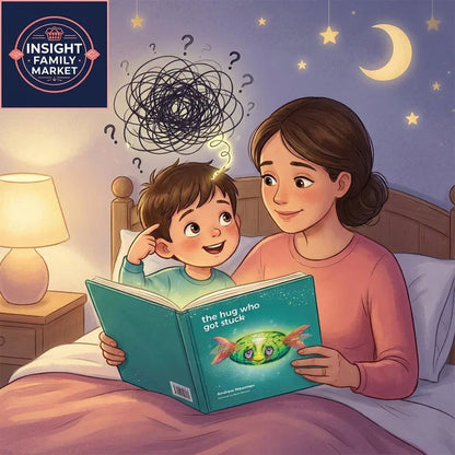 Mother reading bedtime story to child with anxious thoughts, sensory-friendly bedtime support