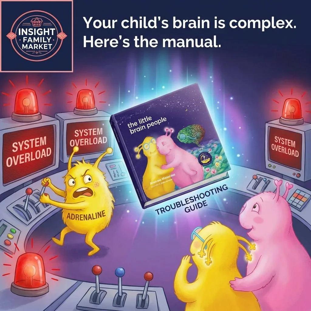 Cartoon brain characters in control room with system overload alarms and a children's brain book troubleshooting guide.