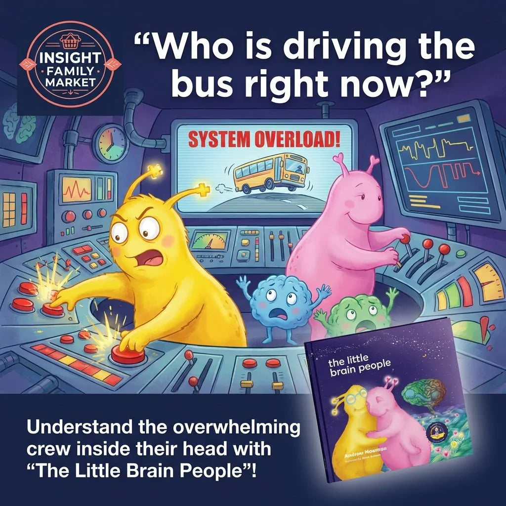 Colorful cartoon brain characters in a control room, managing a chaotic bus system, promoting 'The Little Brain People' book for understanding kids' brains.