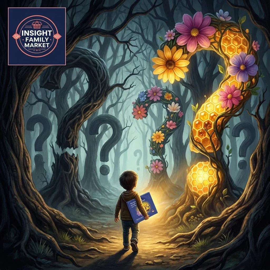 Child holding a book walking in a magical forest with glowing, floral question marks.