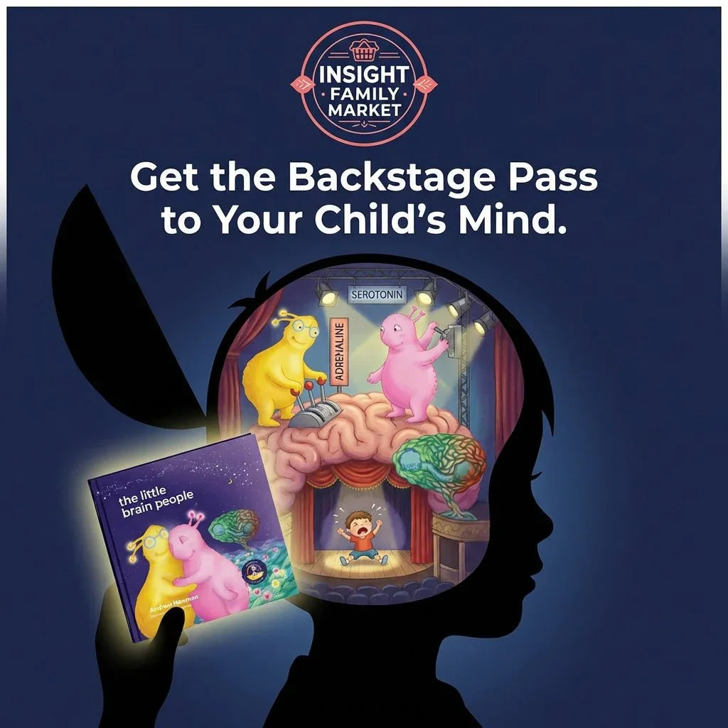 Silhouette of a child holding 'The Little Brain People' book, with illustrated brain characters and a stage inside the head, symbolizing emotional learning and brain education for kids.