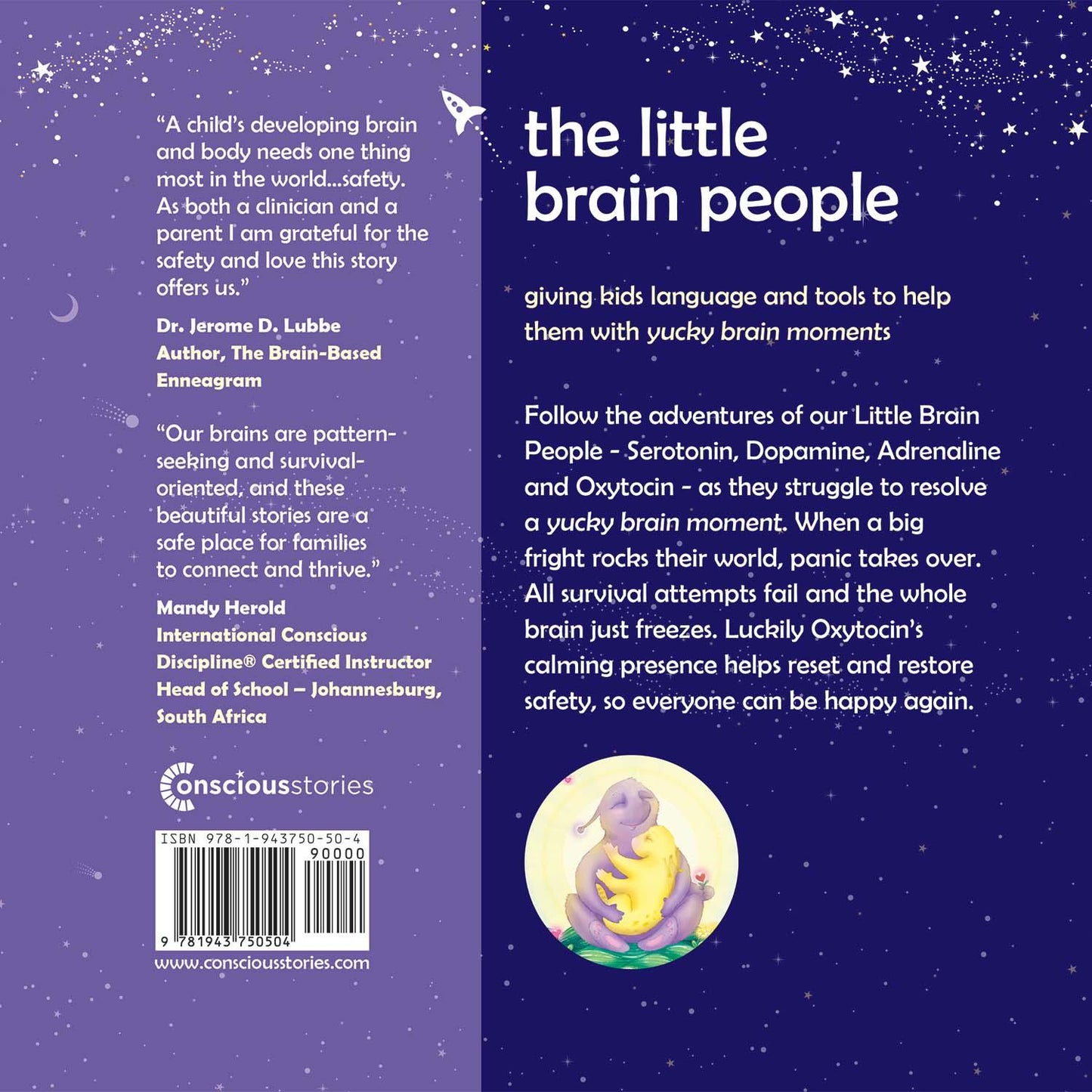 The Little Brain People book back cover with star illustrations, testimonials, and a drawing of hugging characters.