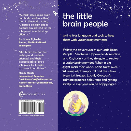 The Little Brain People book back cover with star illustrations, testimonials, and a drawing of hugging characters.