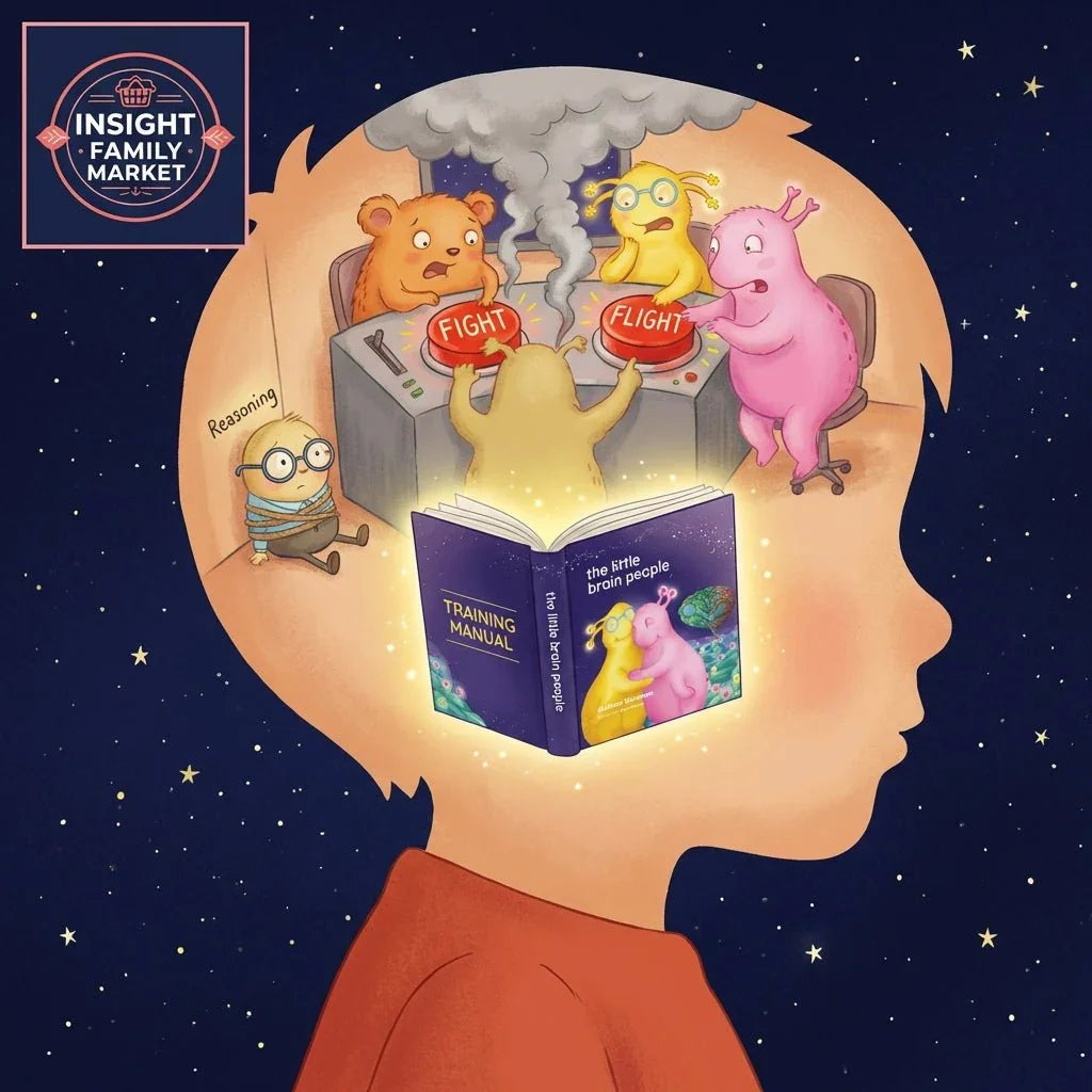 Illustration of a child's head with cartoon characters reading a training manual and pressing fight or flight buttons