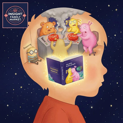 Illustration of a child's head with cartoon characters reading a training manual and pressing fight or flight buttons