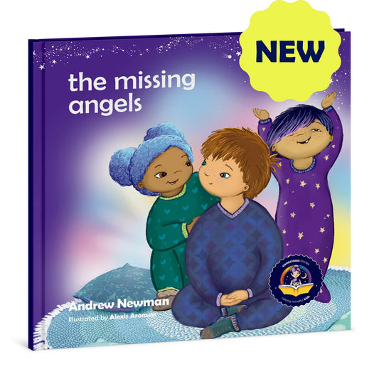 Children's book cover featuring three diverse children in colorful pajamas, titled 'The Missing Angels', with a 'NEW' label; evidence-based kids book for neurodiverse families.