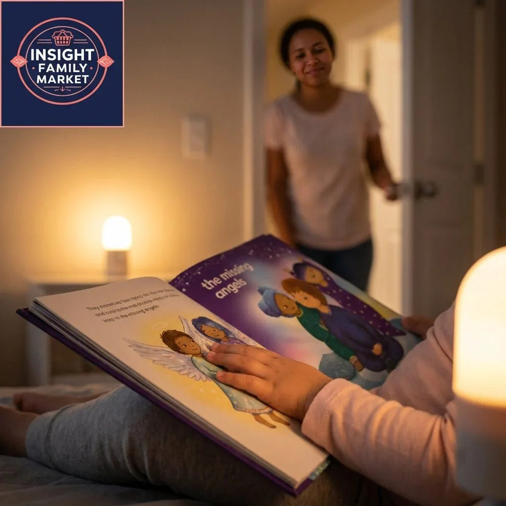 Child reading illustrated bedtime book about loss in cozy, softly lit bedroom with adult nearby