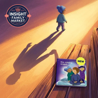 Child walking near a bench with book 'The Missing Angels', long shadow cast, sensory-friendly illustration