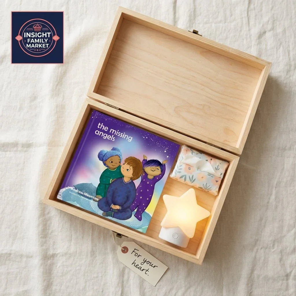 Wooden box with 'the missing angels' children's book, tissues, star night light, and a tag reading 'For your heart.'