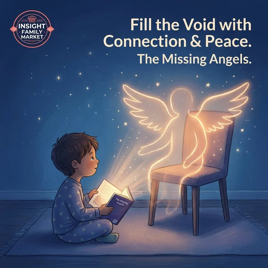 Child in pajamas reading a grief support book to glowing angel figure on chair, at night.