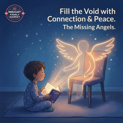 Child in pajamas reading a grief support book to glowing angel figure on chair, at night.
