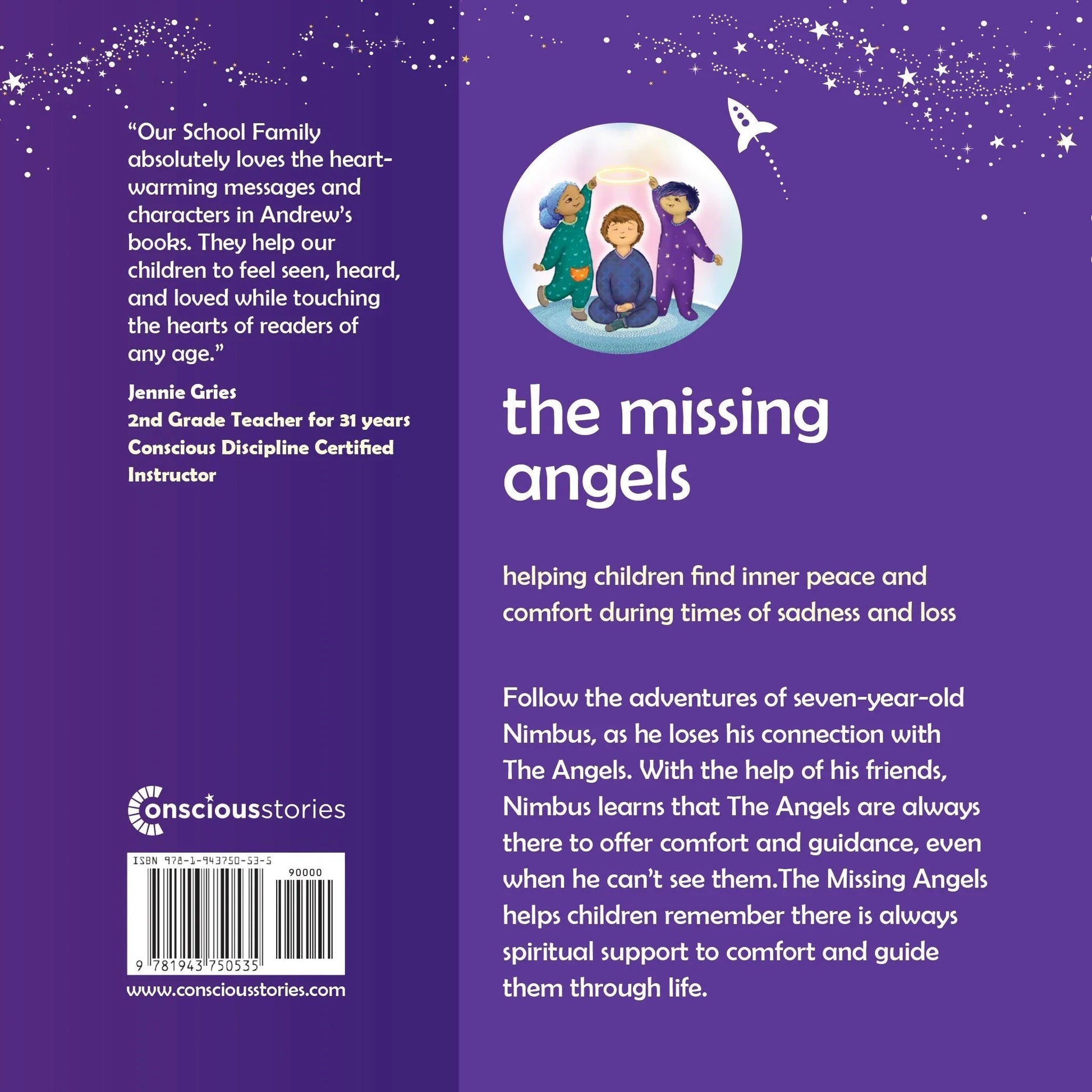 The Missing Angels book back cover with child and two angels illustration, purple background, supportive text for children on sadness and loss.