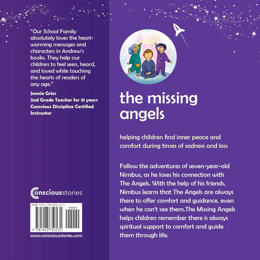 The Missing Angels book back cover with child and two angels illustration, purple background, supportive text for children on sadness and loss.