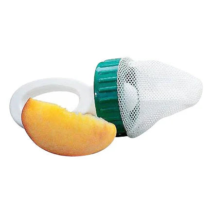 Baby food feeder with mesh bag and peach slice for sensory-friendly feeding