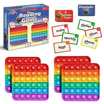 Reading digraphs game with colorful pop-it boards and word cards for phonics learning.
