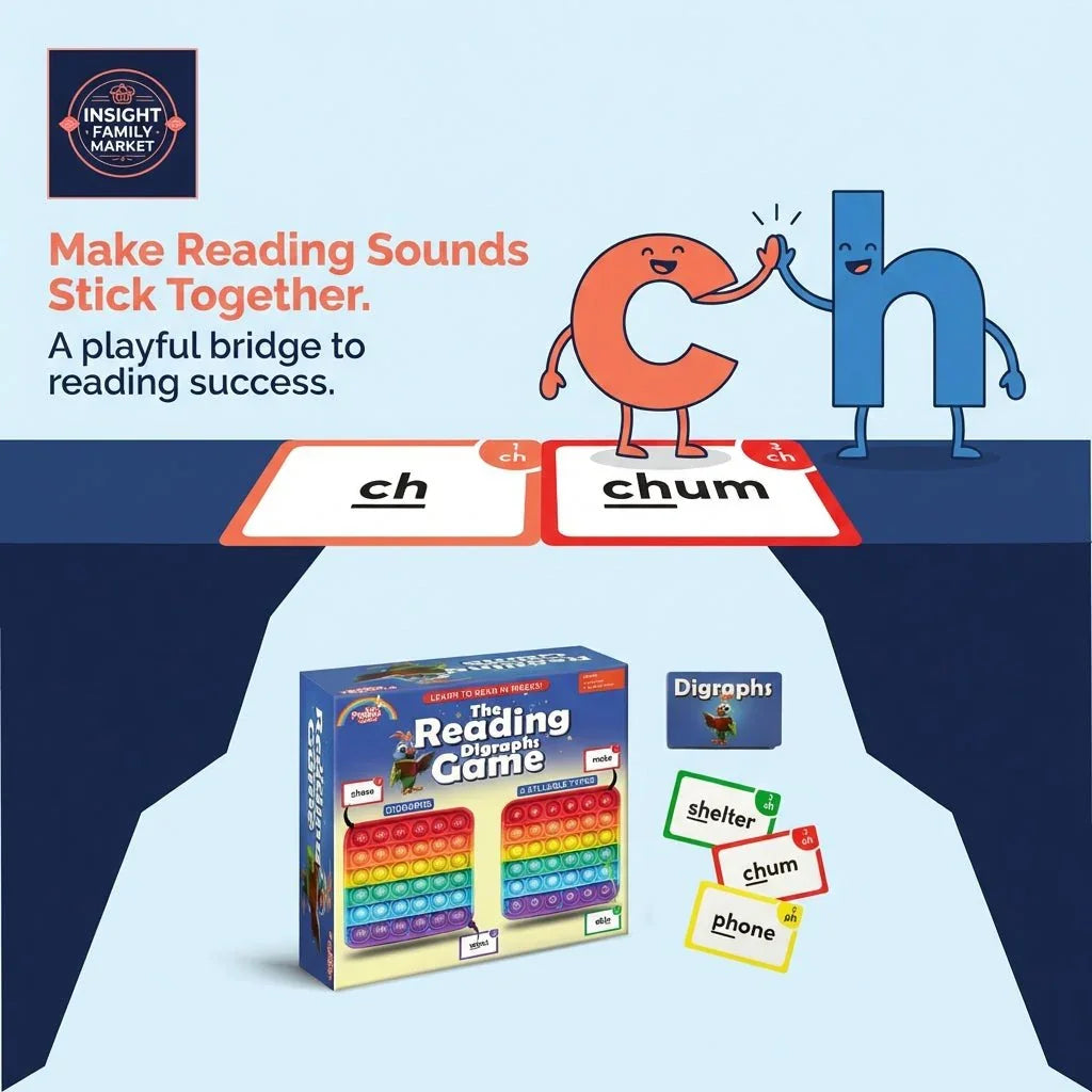 Phonics learning game with cartoon letters C and H, reading flashcards, and pop it board.