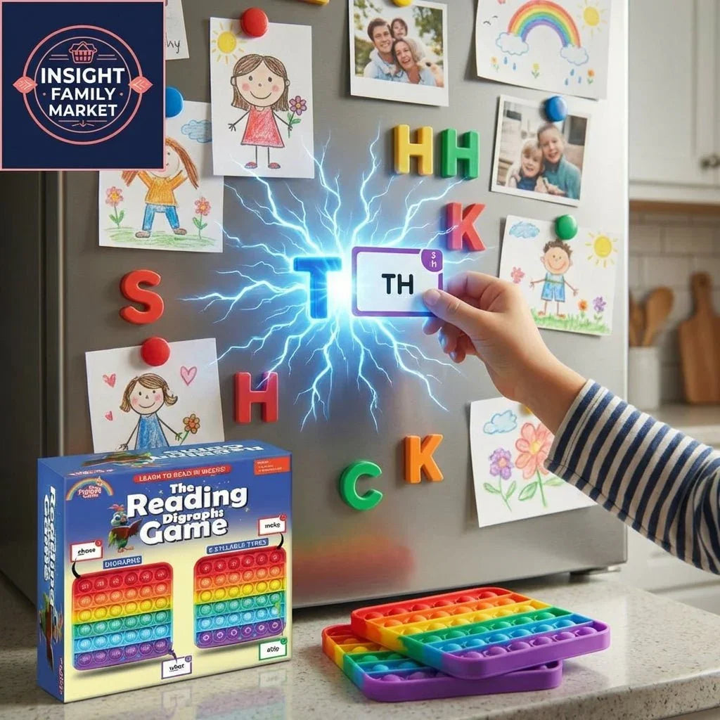 Child playing reading digraphs game with fridge magnets, educational toys and colorful pop-its