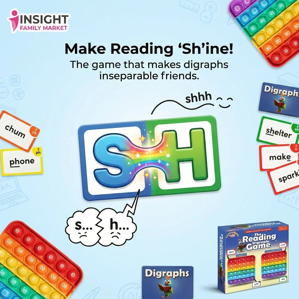 Colorful educational reading game for kids teaching digraphs with flashcards and pop it toy.