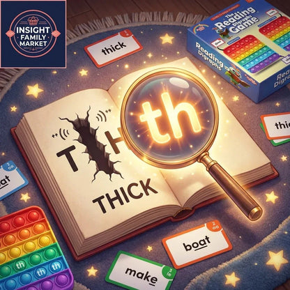Children's reading game with magnifying glass on book, focus on digraph 'th', sensory tools