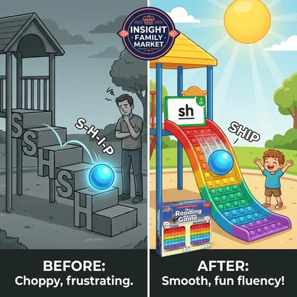 Illustration comparing struggling and fluent reading; choppy grayscale stairs on left, colorful playground slide and happy child reading smoothly with a learning tool on right.