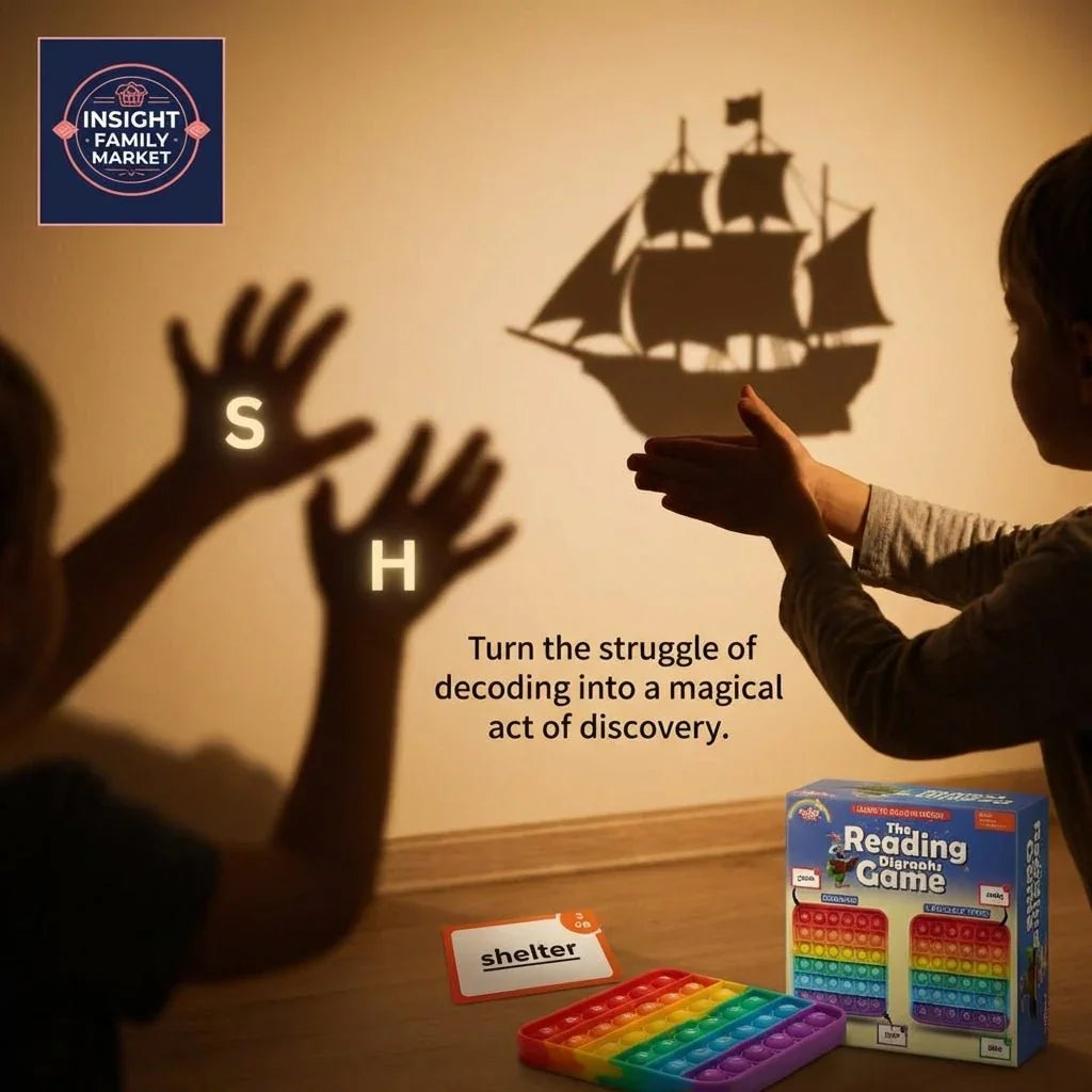Children playing shadow puppet ship, reading game box and sensory toy on table, decoding word card.