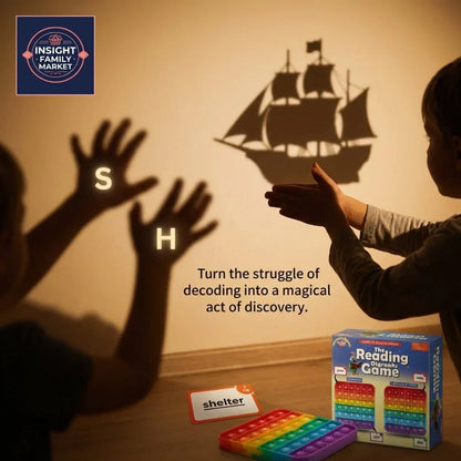Children playing shadow puppet ship, reading game box and sensory toy on table, decoding word card.